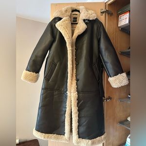 Faux Leather Long Dark Brown Coat